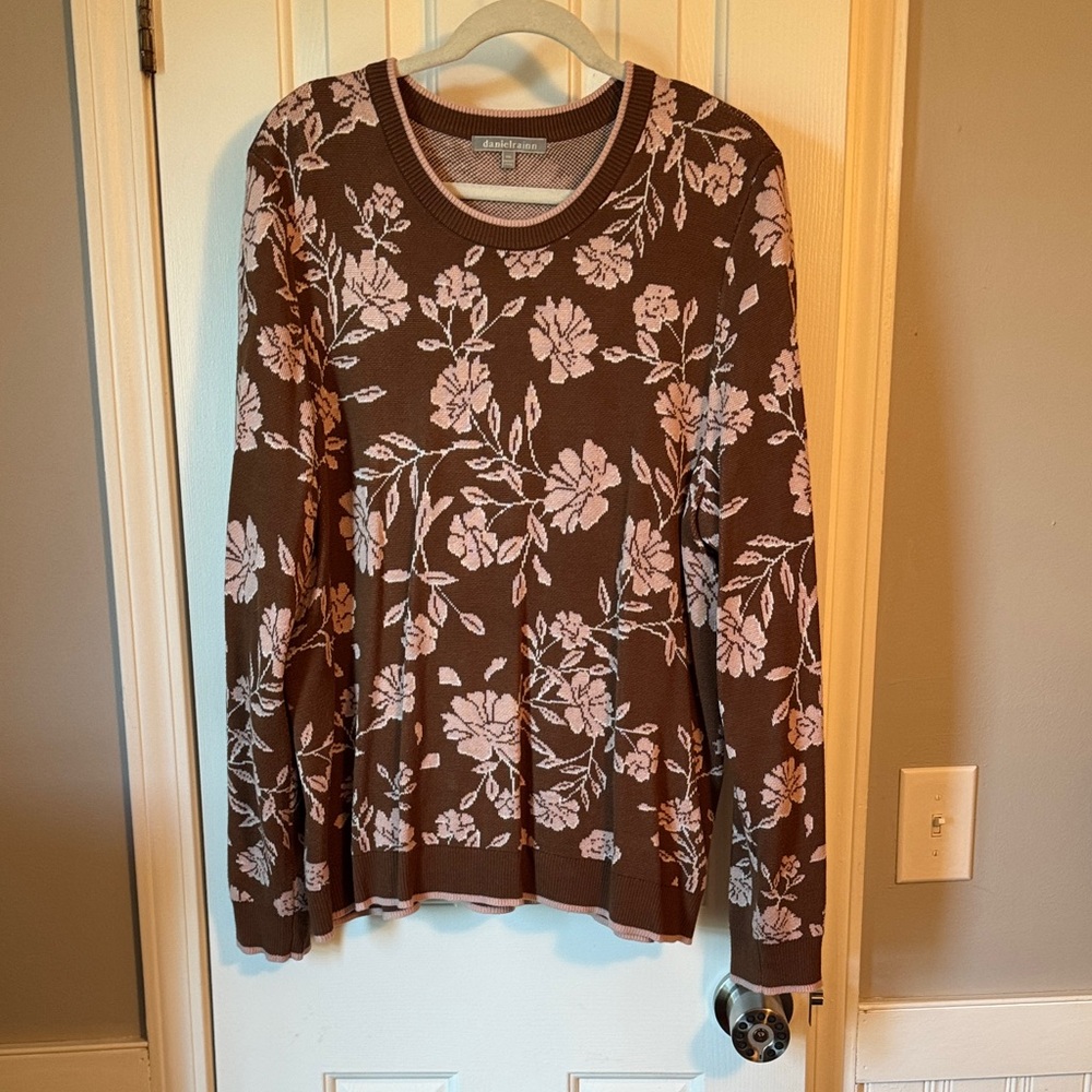 Daniel Rainn Brown Crewneck Sweater with Pink Floral Jacquard (R)